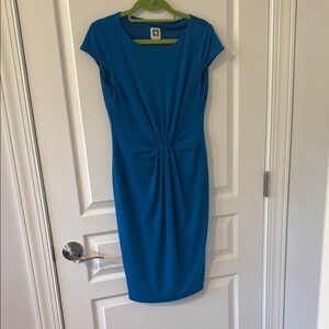 Anne Klein Blue Midi Sheath Dress with Ruched Waist